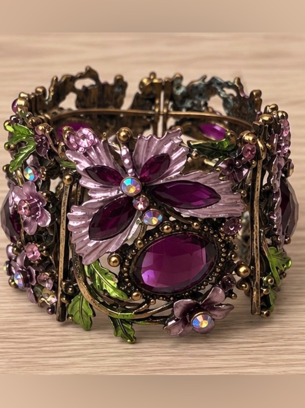 Vintage Purple Floral Rhinestone Hinged Statement Cuff Bracelet